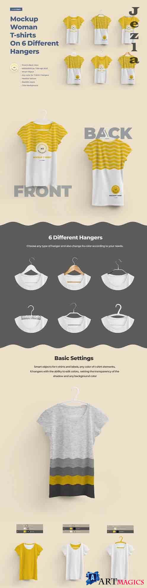2 Mockups Woman T-shirts On 6 Different Hangers  - 27659659