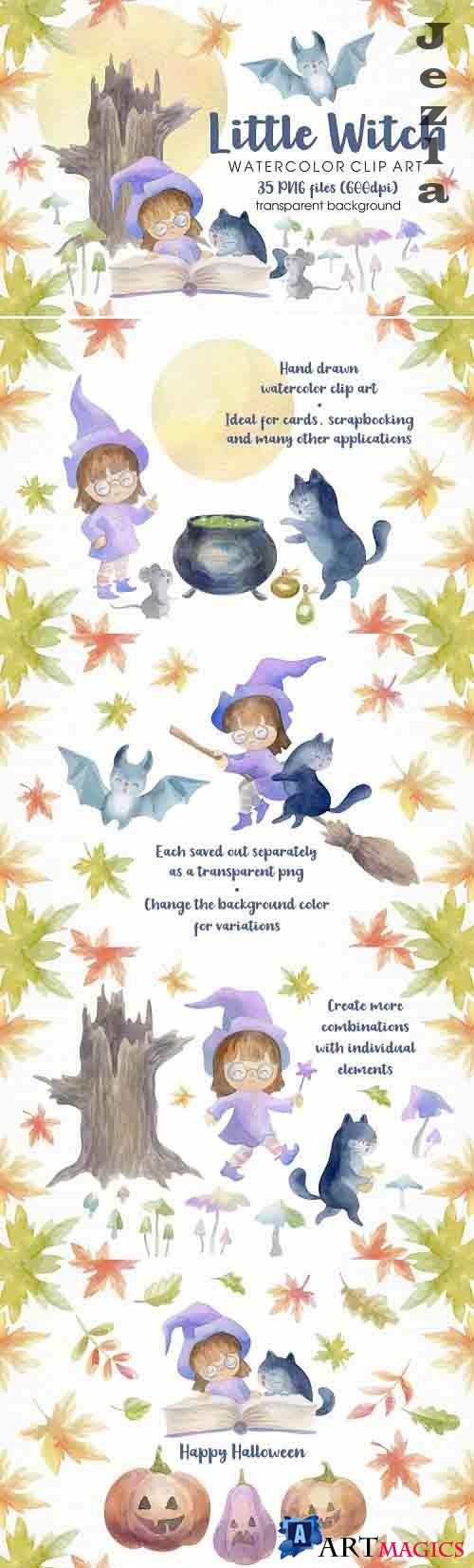 Little Witch and Cat. Halloween watercolor clip art  - 757998