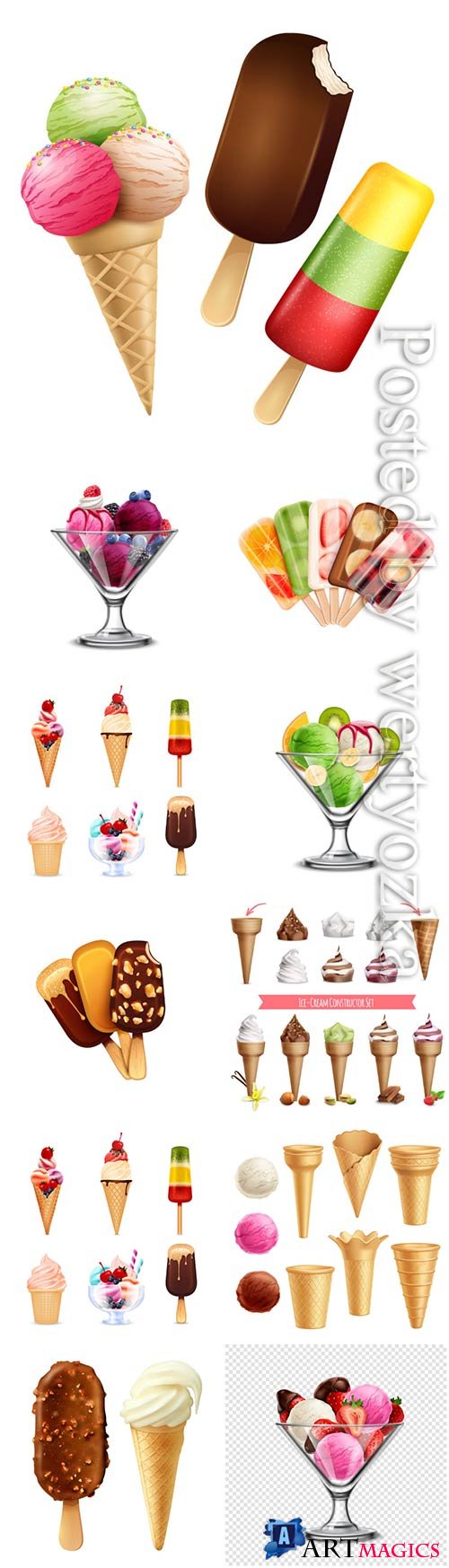 Ice cream platter, chocolate and vanilla ice cream with berries in vector