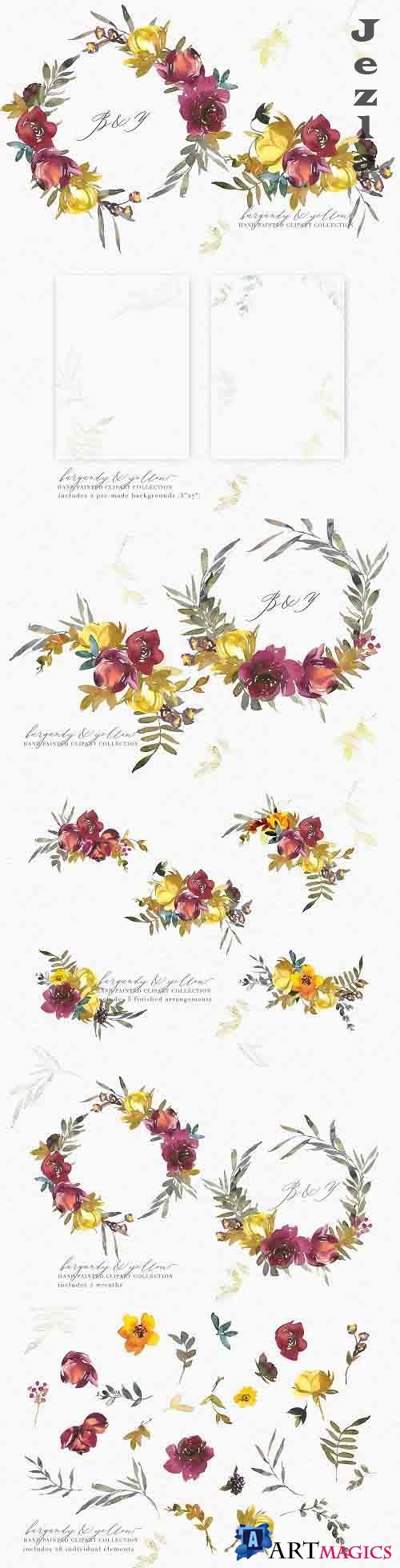 Burgundy & Yellow Watercolor Clipart - 5224883