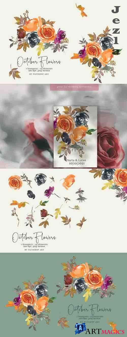 Autumn Watercolor Floral Clipart Set - 5233354