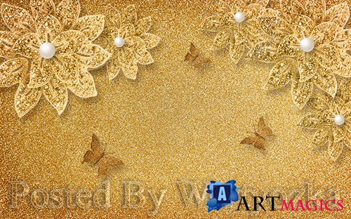 3D psd models luxury broken gold flower pearl butterfly background wall