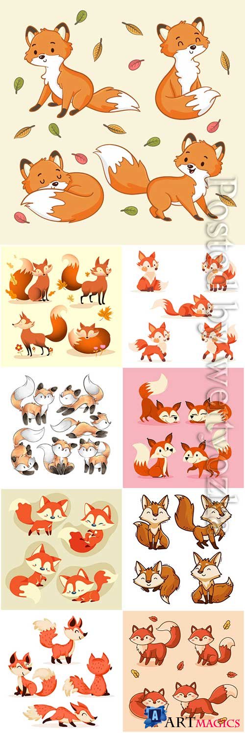 Hand drawn fox collection vector illustration