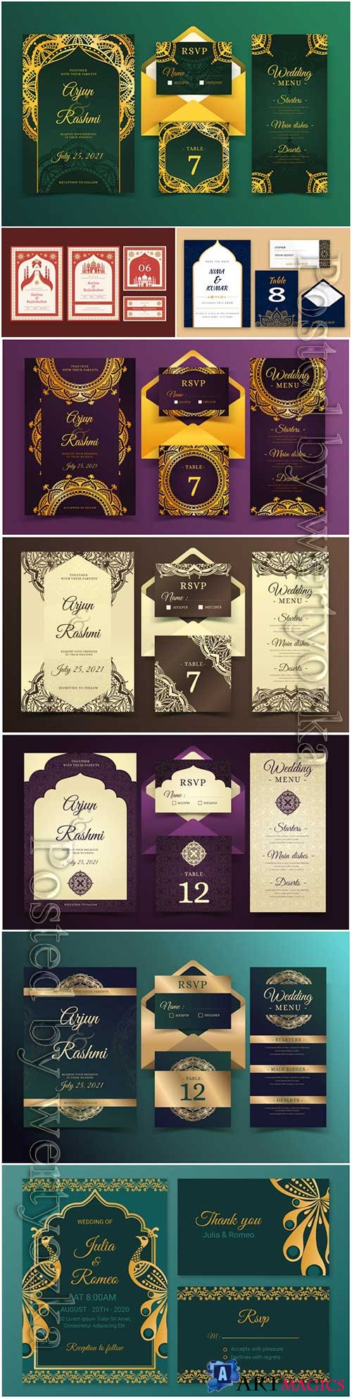 Elegant indian wedding stationery templates vector illustration