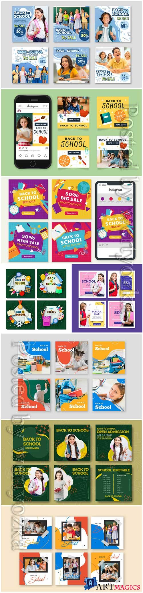 Hand drawn back to school instagram post collection vector illustration