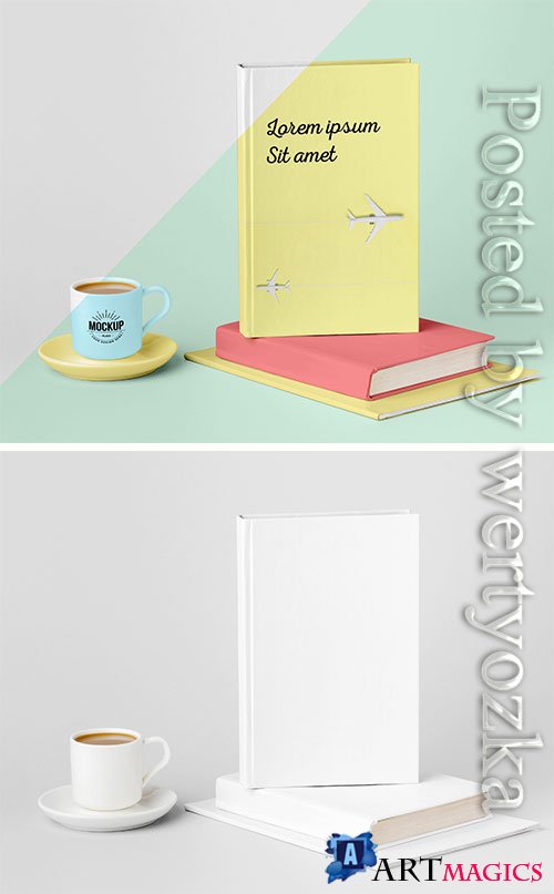 Book cover mock-up assortment with cup of coffee