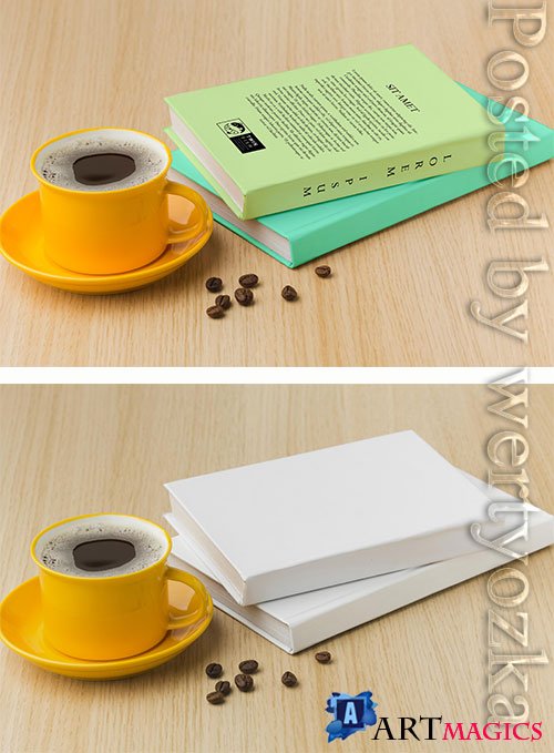 Book cover arrangement on wooden background with cup of coffee