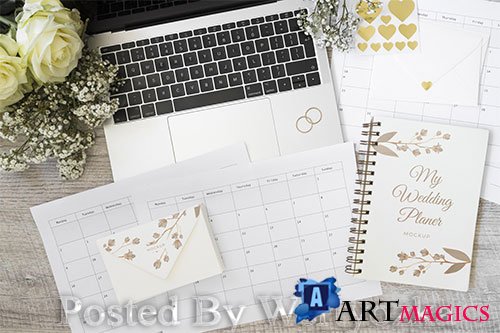 Top view wedding planner with mock-up