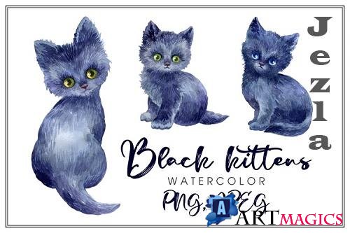 Black kittens. Watercolor illustrations - 833122