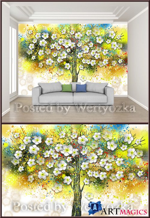 3D psd background wall tree oil painting