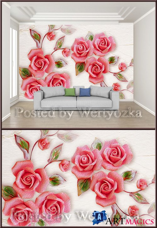 3D psd background wall embossed rose flower
