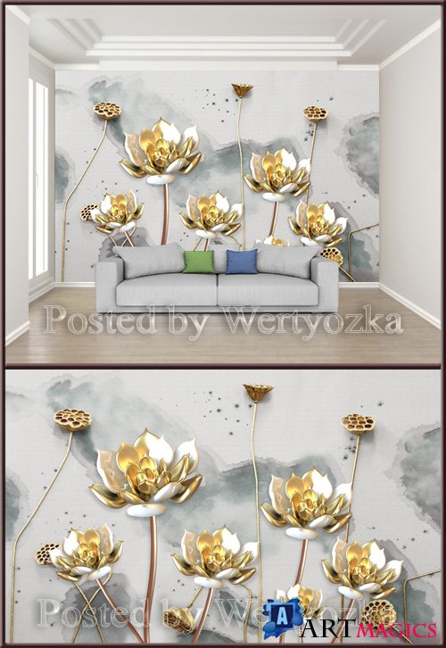 3D psd background wall golden lotus flower