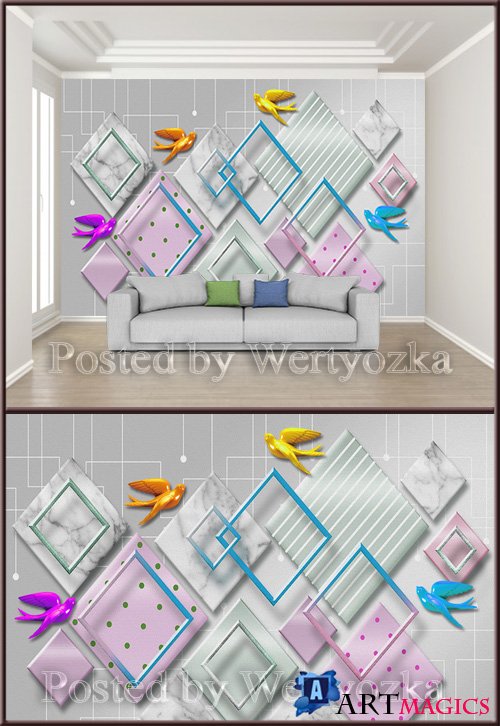 3D psd background wall geometric mosaic splicing bird