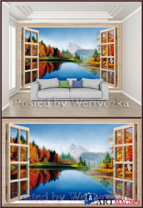 3D psd background wall beautiful landscape oil painting