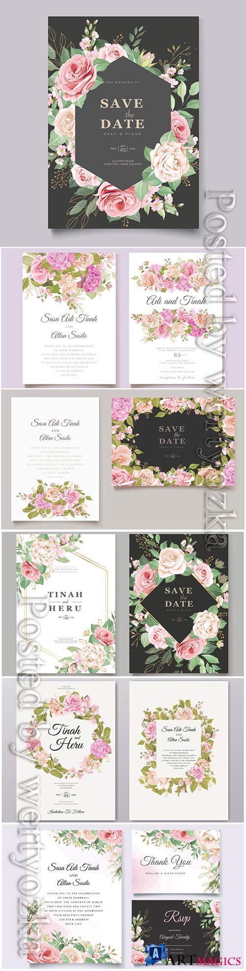 Wedding invitation cards with flowers in vector # 2