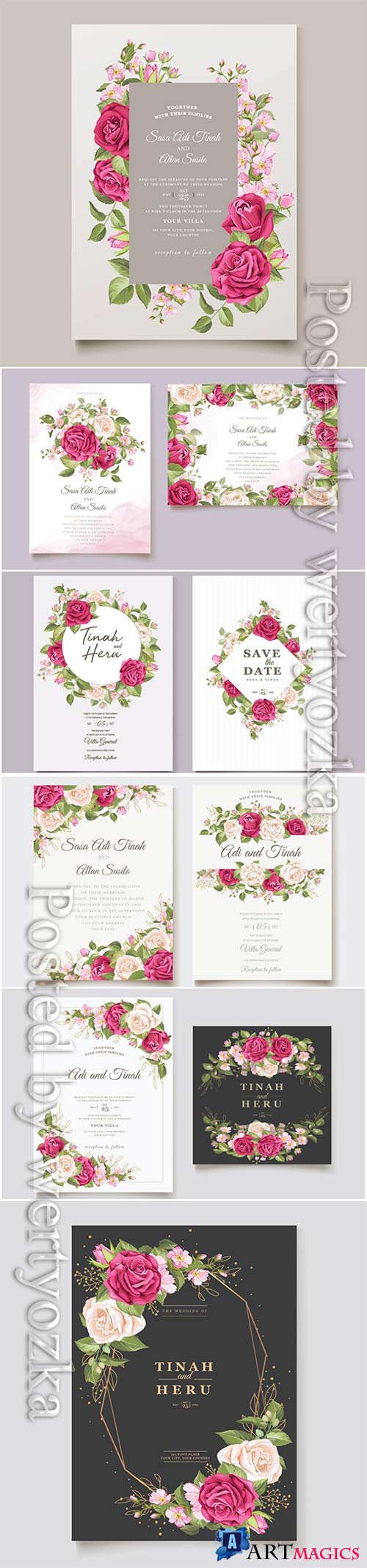 Wedding invitation cards with flowers in vector