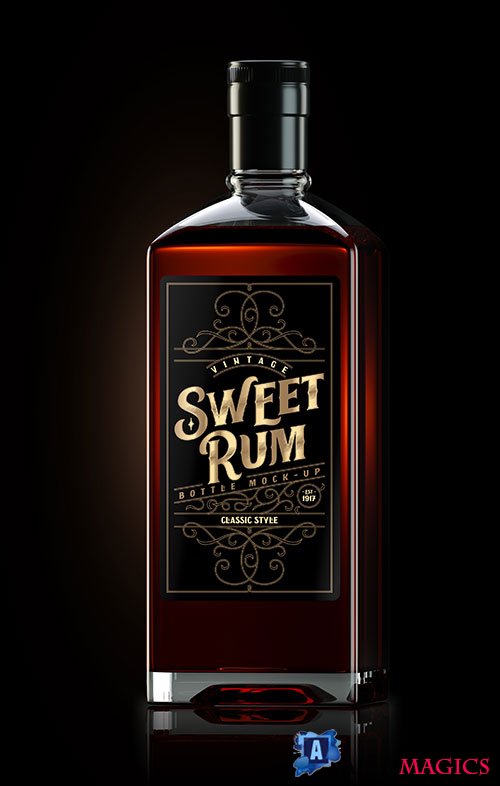 Square dark rum bottle mockup with label 2