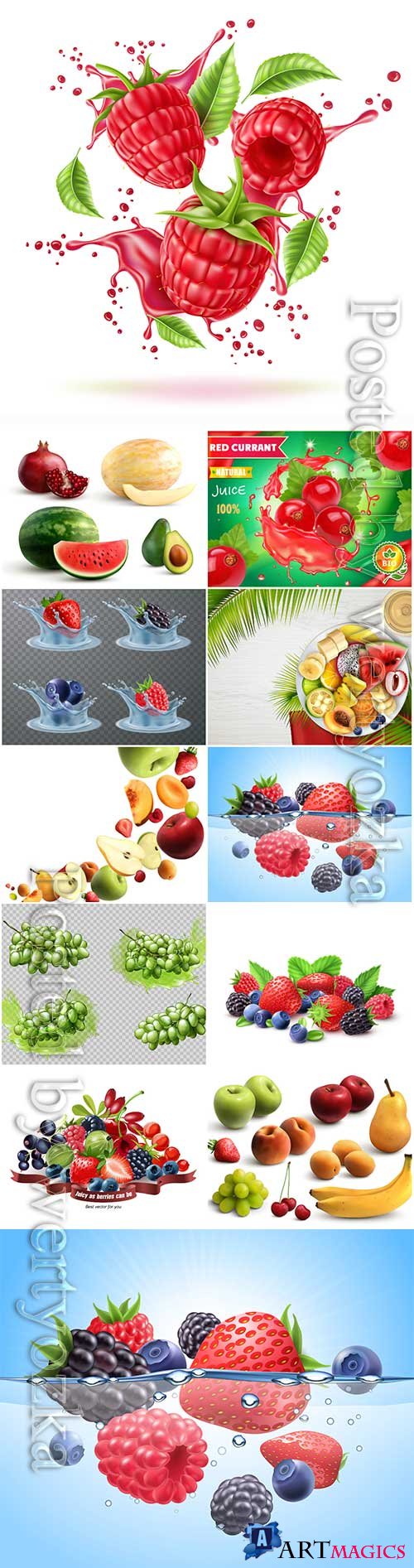 Mix of fresh berries and fruits isolated on white background
