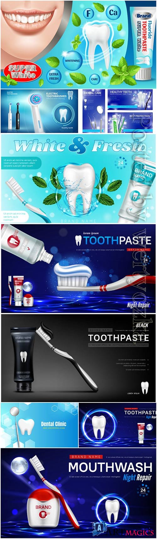 Toothpaste advertising vector posters, dentistry