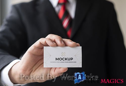 Close-up businessman holding business card mock-up with one hand