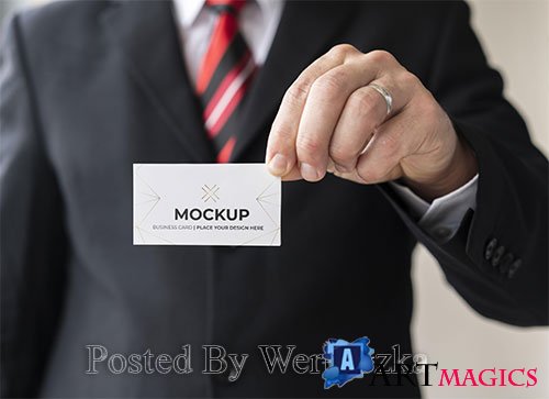 Man holding business card mock-up with one hand