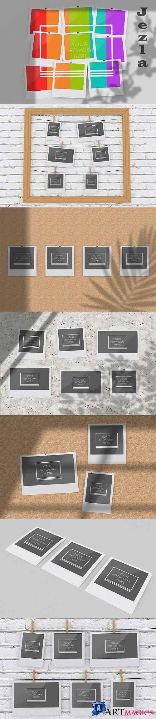 Instant Photos Collage Mockup in Wooden Frame, on Plywood Wall