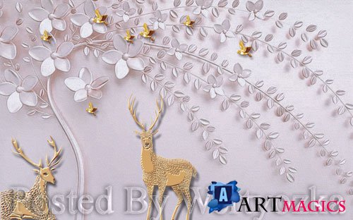 3D psd models simple nordic embossed fawn on a tree wall