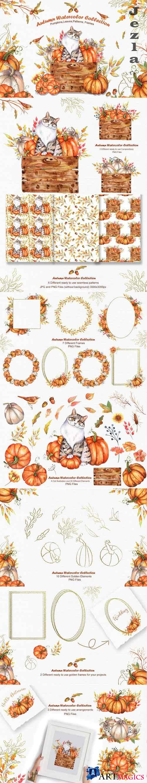 Watercolor Autumn Cat Collection - 5308897