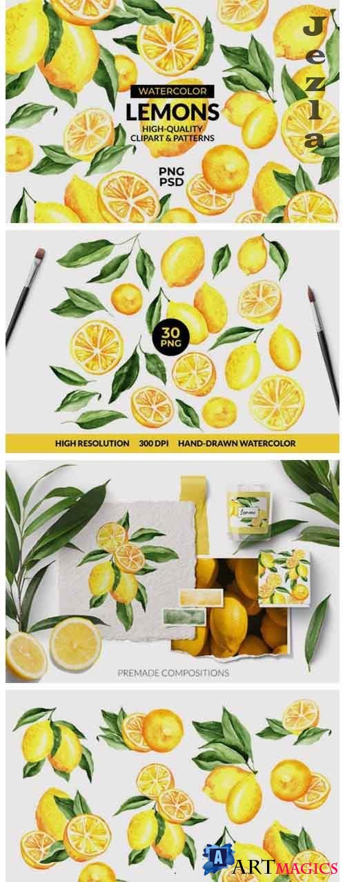 Lemon Watercolor Clipart & Patterns - 5438556
