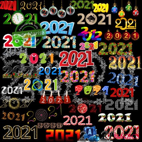 Надпись 2021 в различных стилях на прозрачном фоне