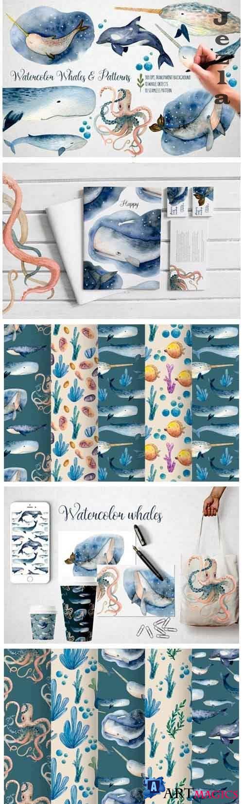 Watercolor Whales & Patterns - 5228352