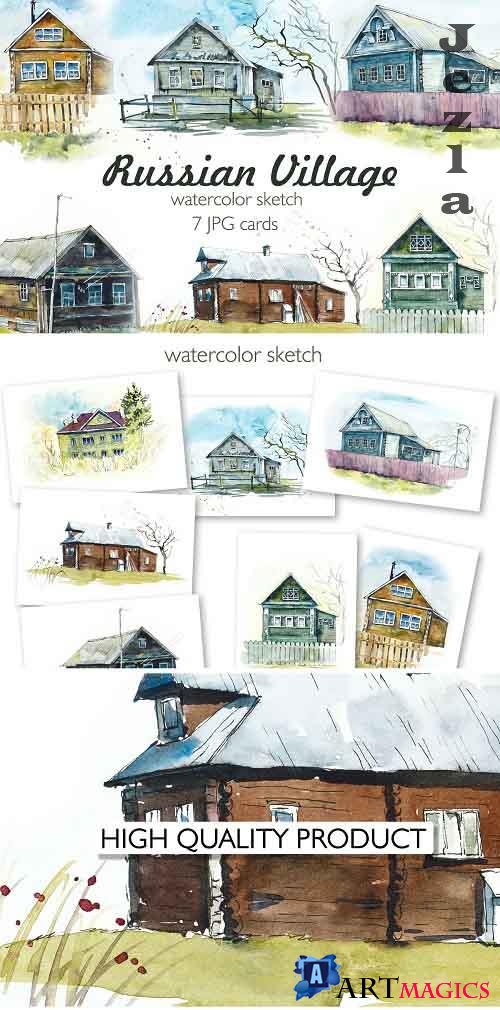 Watercolor Russian village - 5464850