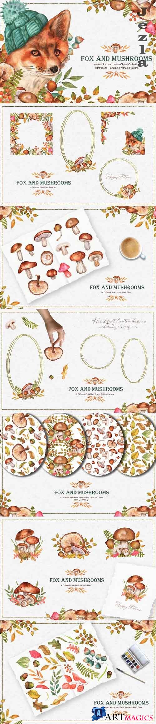 Fox and Mushrooms Watercolor Set - 5478573