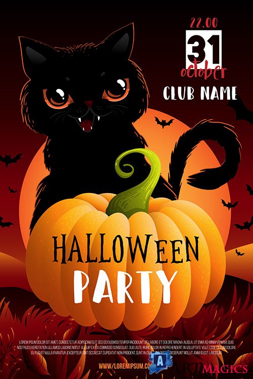 Halloween party poster or flyer with black cat