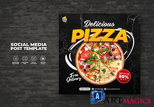 Food restaurant menu and delicious pizza for social media vector template