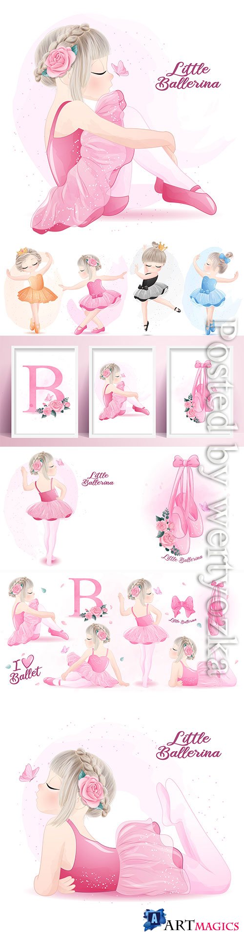 Cute girl ballerina watercolor illustration vector set
