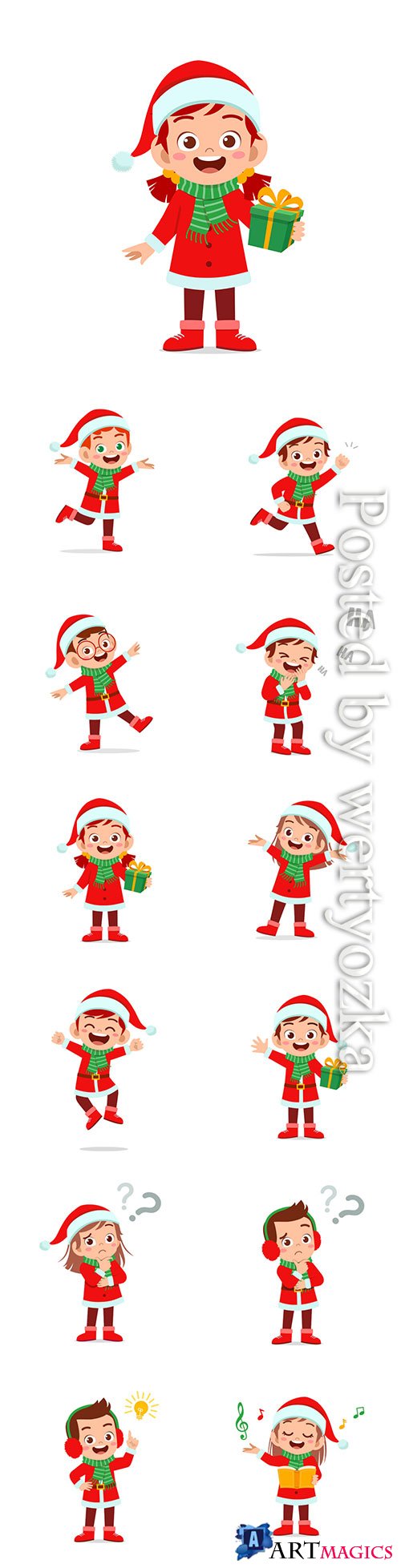Happy cute little kid boy and girl wearing red christmas costume