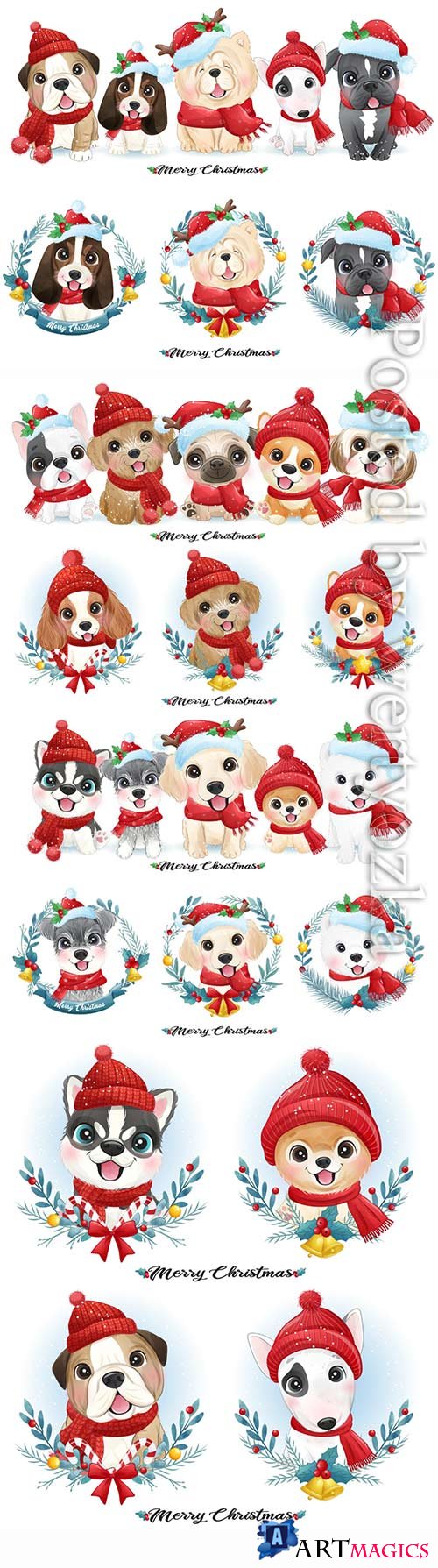 Cute doodle puppy for christmas with watercolor vector illustration
