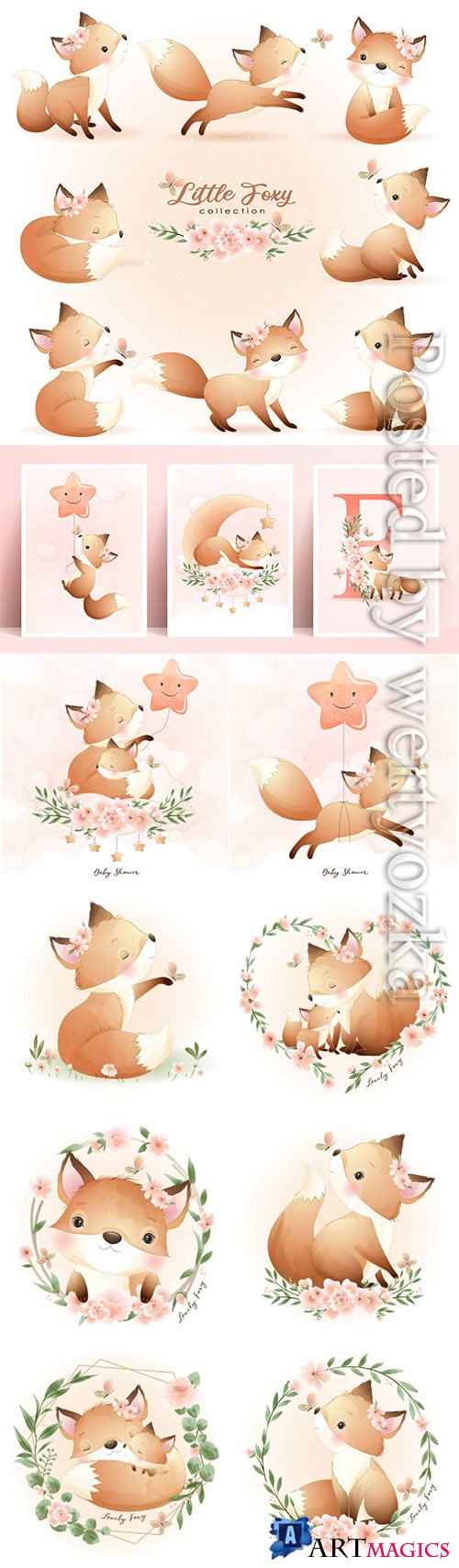 Cute doodle foxy poses with floral illustration premium vector