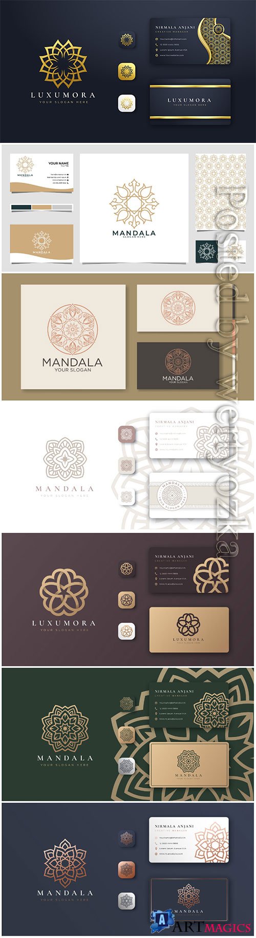Golden mandala logo with business card premium vector