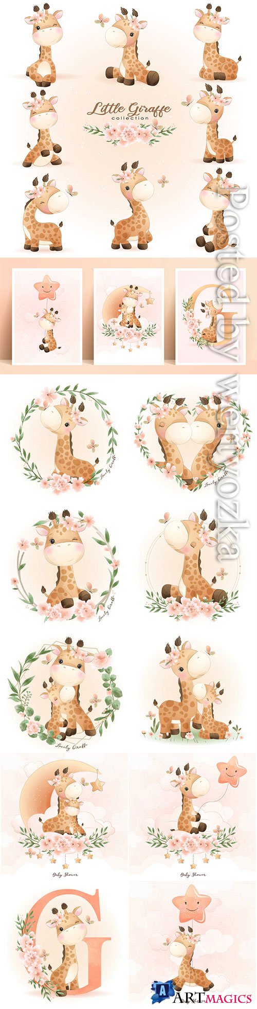 Cute doodle giraffe poses with floral illustration premium vector