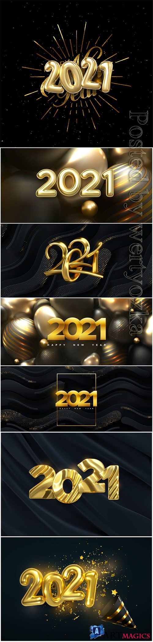 Happy new 2021 year, silver and golden metallic vector numbers