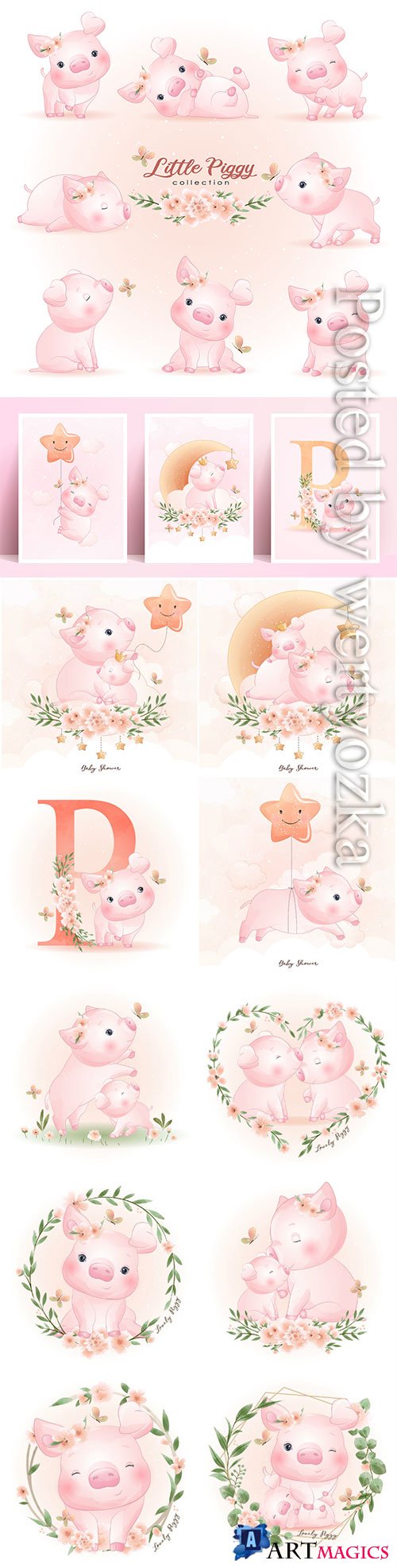 Cute doodle piggy poses with floral illustration premium vector