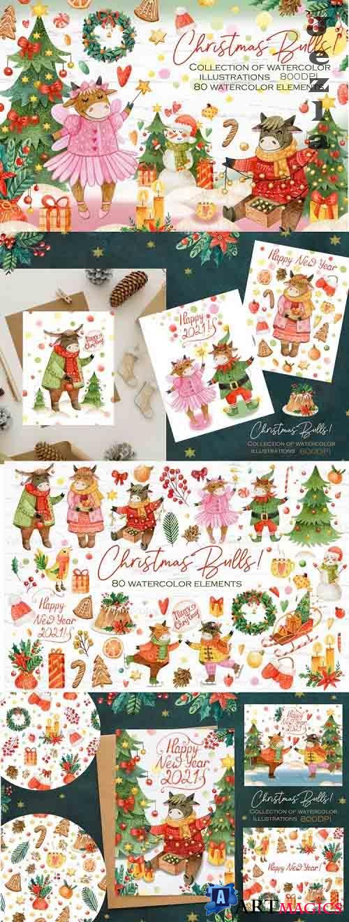 Hand-draw watercolor Christmas Bulls collection.Illustration - 1055917