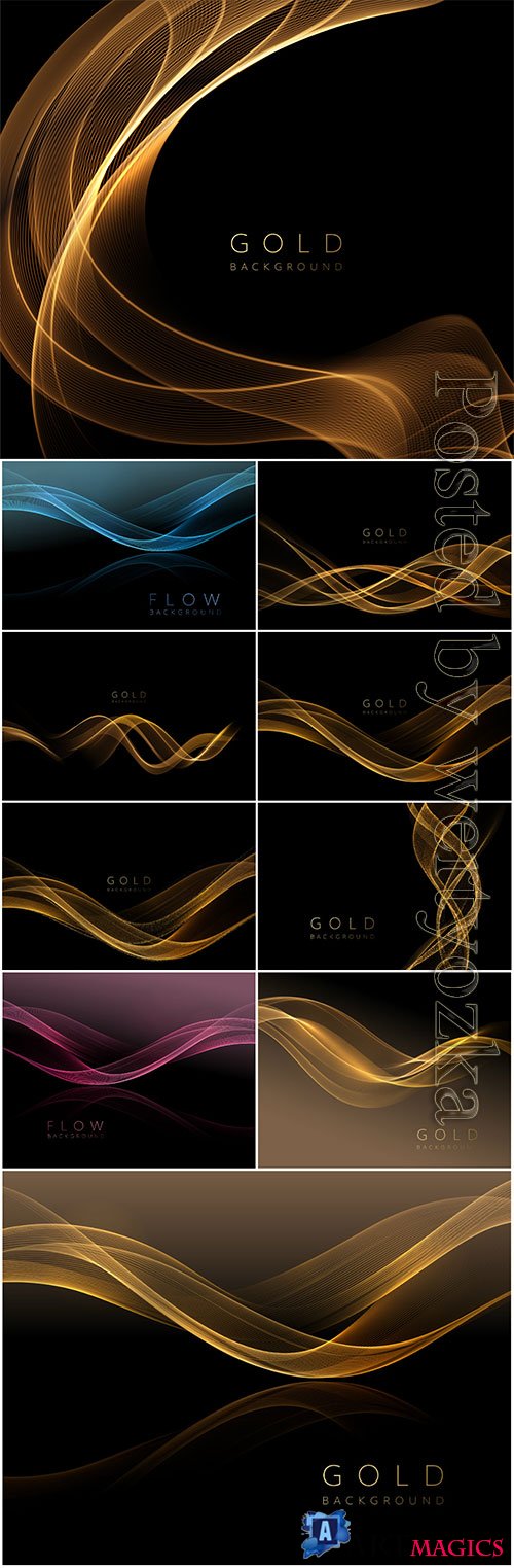 Abstract shiny golden wavy element on dark vector background