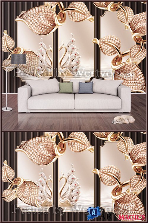 3D psd background wall golden metal mosaic swan