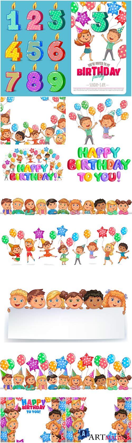 Happy birthday vector illustration, funny kids