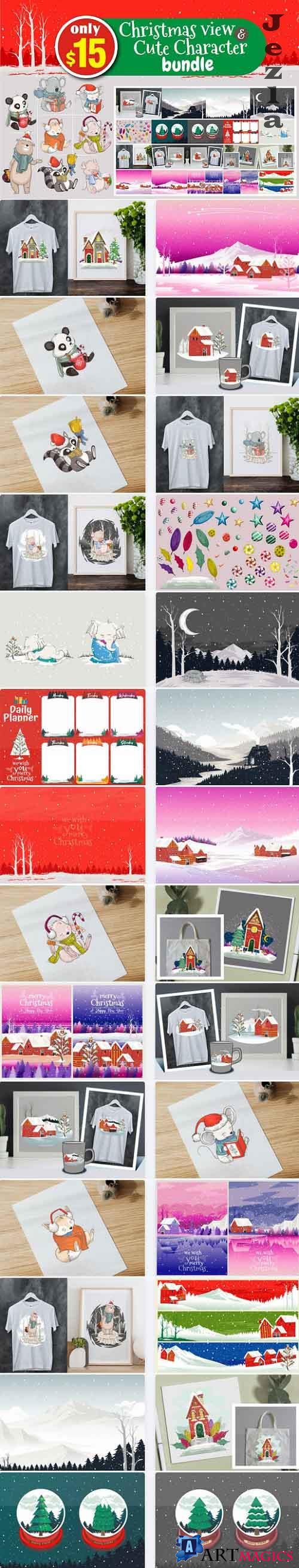 Christmas View & Cute Character Bundle - 28 Premium Graphics