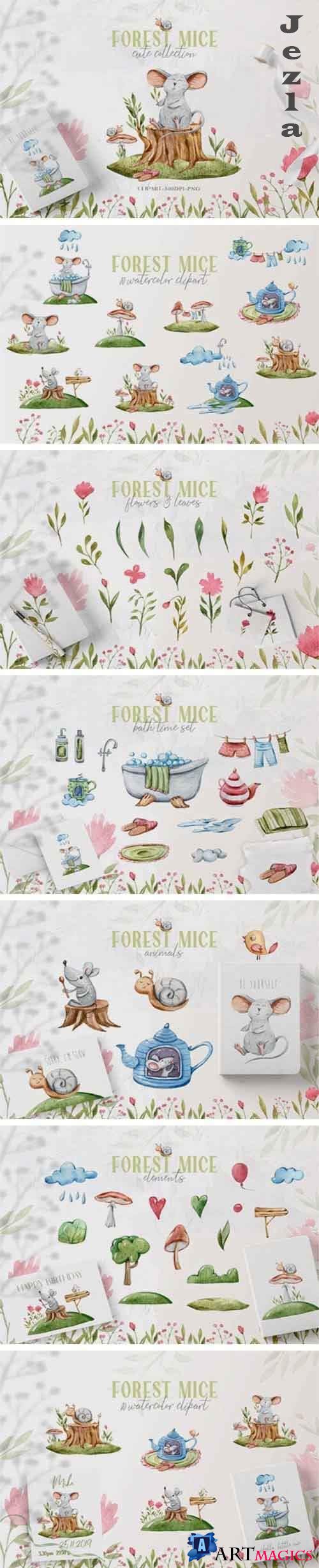 Watercolor cute mice clipart. Forest cartoon mouse and snail - 1058061