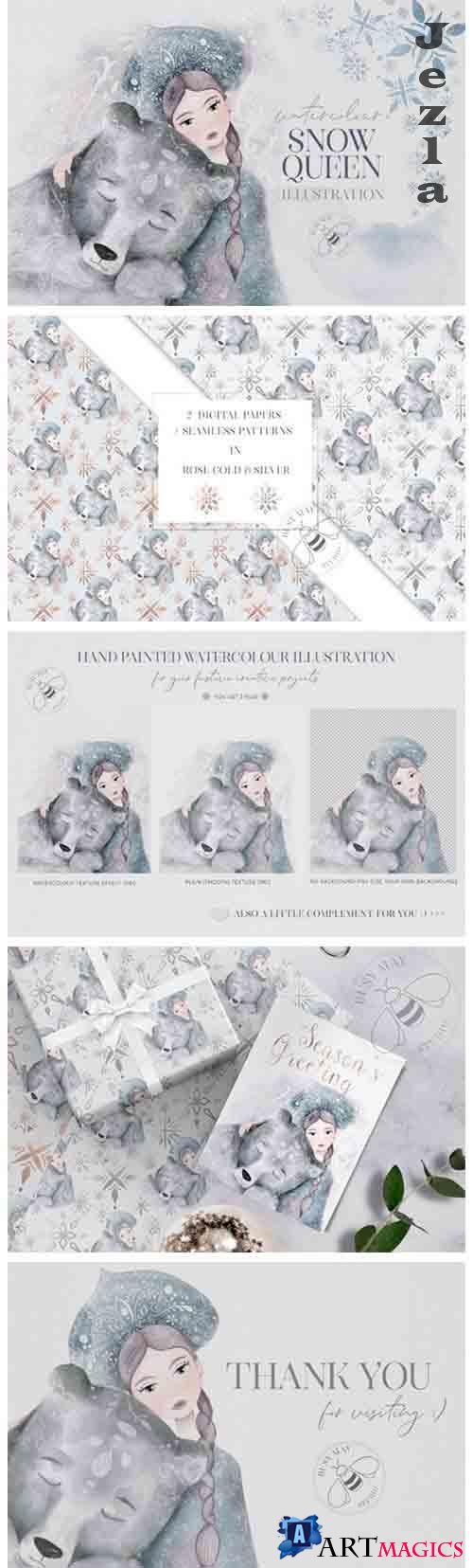 Watercolor Winter Christmas Snow Queen Illustration Bear PNG - 1057325